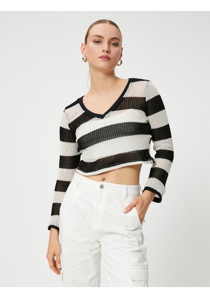 Crop Kazak V Yaka Uzun Kollu