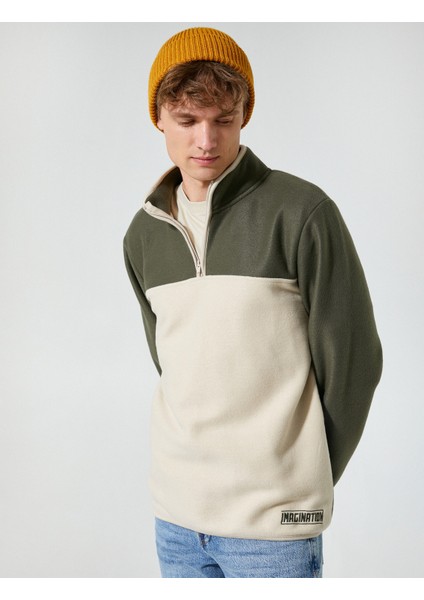 Polar Sweatshirt Yarım Fermuarlı Renk Bloklu Slogan Detaylı