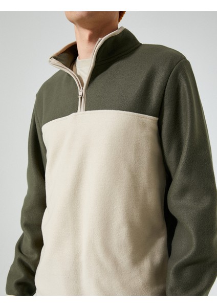 Polar Sweatshirt Yarım Fermuarlı Renk Bloklu Slogan Detaylı indirimleri