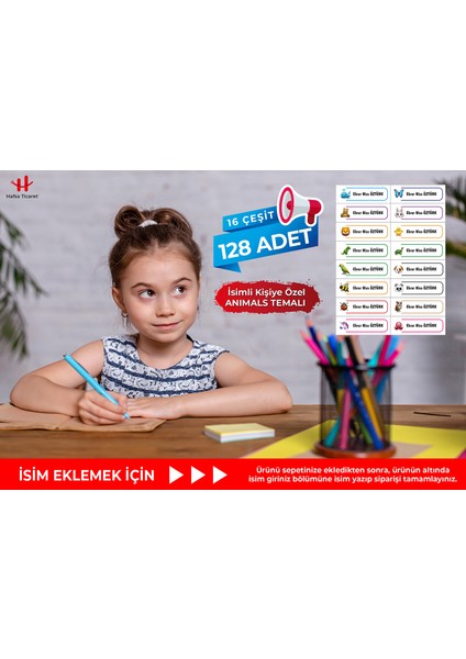 Hafsa Ticaret 128 Adet Kalem Etiketi Animals Temalı İsimli Kişiye Özel Okul Etiketi