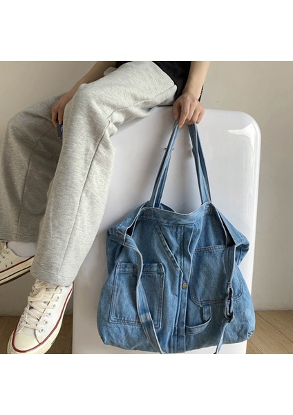Casual Wild Taşınabilir Alışveriş Kanvas Tote Kadın Açık Mavi Çanta (Yurt Dışından) modelleri