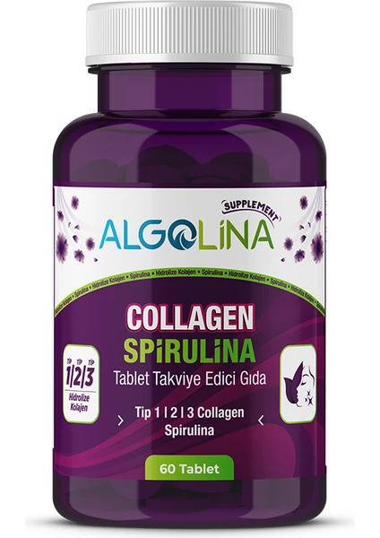 Collagen + Spirulina Tablet Takviye Edici Gıda - 1260 mg 60 Tablet - (Kolajen Tip 1 2 3)