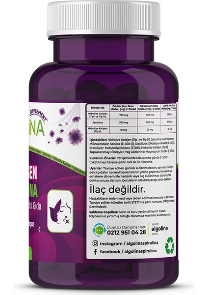 Collagen + Spirulina Tablet Takviye Edici Gıda - 1260 mg 60 Tablet - (Kolajen Tip 1 2 3)