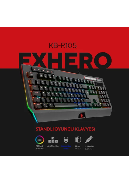 KB-R105 EXHERO Full RGB Ledli Outemu Blue Switch 5 Makro Tuşlu Gaming Klavye