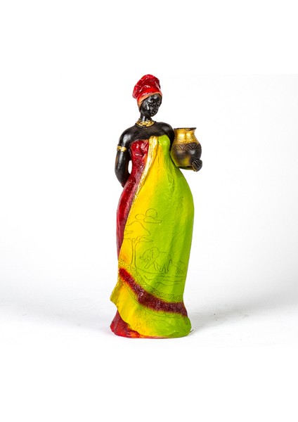 Otantik Vazo Taşıyan Afrikalı Kadın Bordo-Yeşil 11X38X11 Cm.