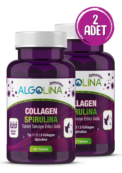 Collagen + Spirulina Tablet Takviye Edici Gıda - 1260 mg 60 Tablet-(Kolajen Tip 123) x 2 Adet