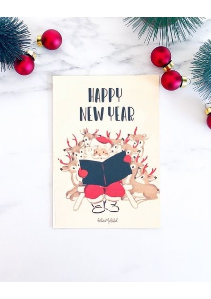Yılbaşı Kartpostal Serisi-Noel Baba ve Sevimli Geyikler Mottolu Hediye Kartı