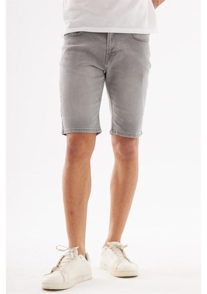 - Erkek Yıpratmalı Slim Fit Likralı Kot Jean Şort Gri