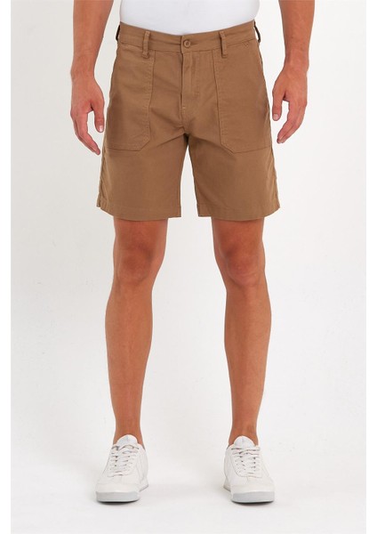 - Erkek Likralı Yandan Cepli Kot Şort Hardal