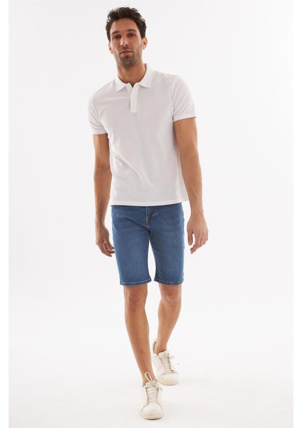 - Erkek Yıpratmalı Slim Fit Likralı Kot Jean Şort Mavi