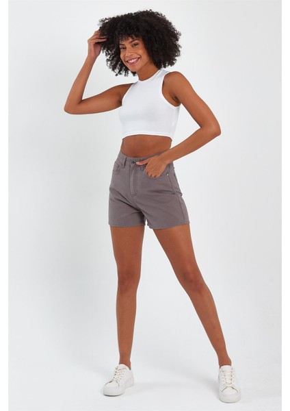 - Kadın Mini Slim Denim Şort Vizon