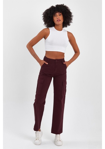 Kadın Yüksek Bel Geniş Paça Kargo Pantolon Bordo