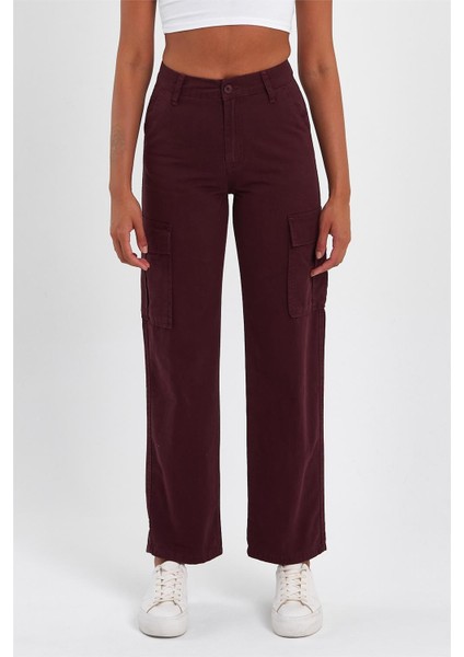 Kadın Yüksek Bel Geniş Paça Kargo Pantolon Bordo fiyatları