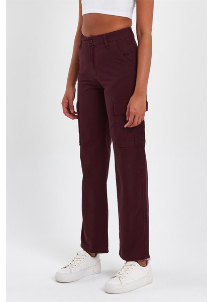 Kadın Yüksek Bel Geniş Paça Kargo Pantolon Bordo modelleri