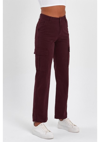 Kadın Yüksek Bel Geniş Paça Kargo Pantolon Bordo fırsatları