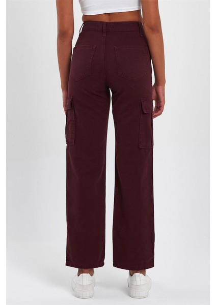 Kadın Yüksek Bel Geniş Paça Kargo Pantolon Bordo indirimleri