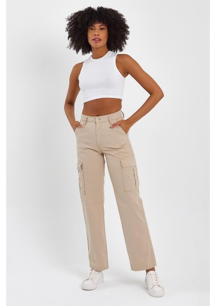 Kadın Yüksek Bel Geniş Paça Kargo Pantolon Bej