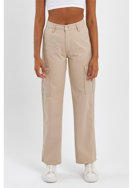 Kadın Yüksek Bel Geniş Paça Kargo Pantolon Bej fiyatları