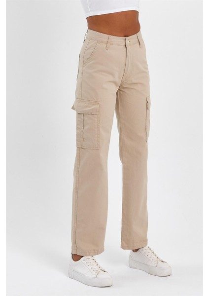 Kadın Yüksek Bel Geniş Paça Kargo Pantolon Bej fırsatları