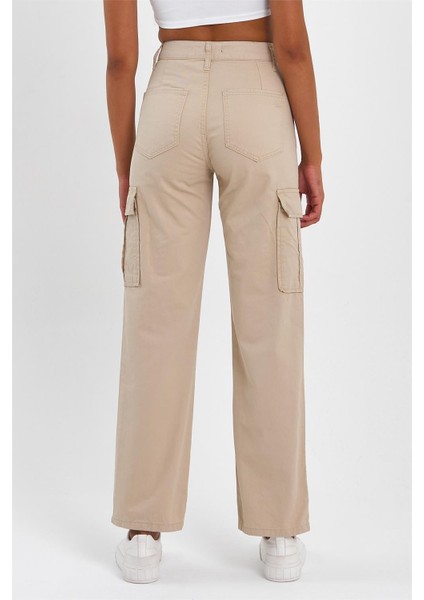 Kadın Yüksek Bel Geniş Paça Kargo Pantolon Bej indirimleri