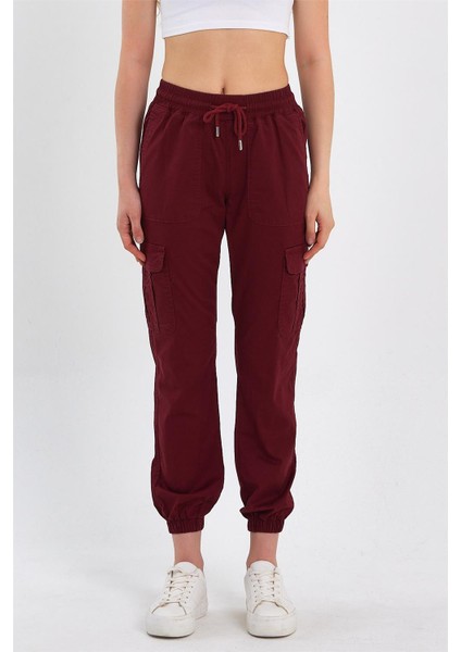 Kadın Kargo Cep Paça Lastikli Jogger Kot Pantolon Bordo fiyatları