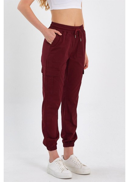 Kadın Kargo Cep Paça Lastikli Jogger Kot Pantolon Bordo modelleri