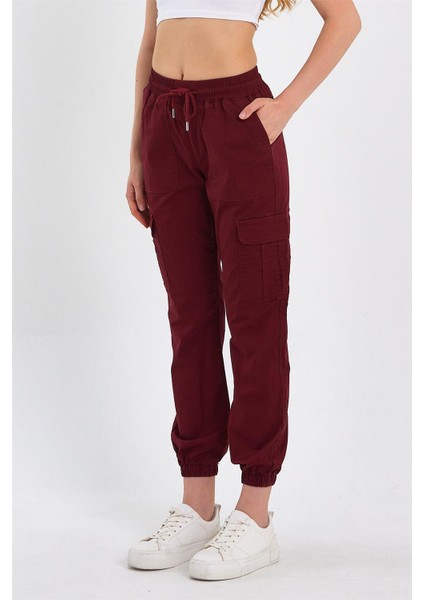 Kadın Kargo Cep Paça Lastikli Jogger Kot Pantolon Bordo fırsatları