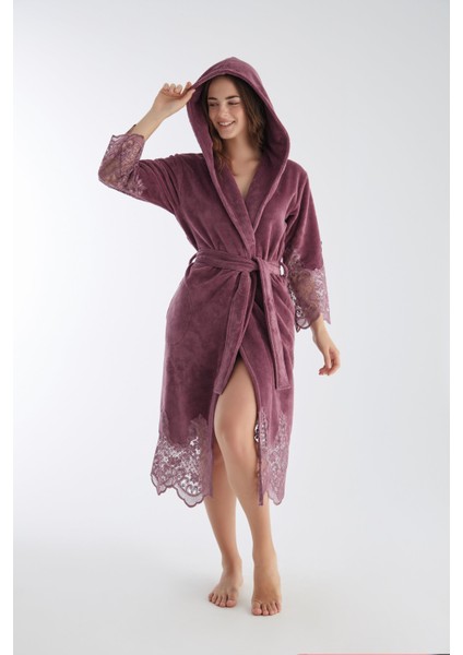 Dantelli Uzun Kapüşonlu Triga Bambu Cotton Bayan Bornoz