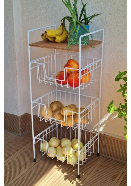 Ahşap Metal Çok Amaçlı 3 Katlı Standlı Patates Soğan Sepeti Ceviz Raflı - Beyaz - MRS-001