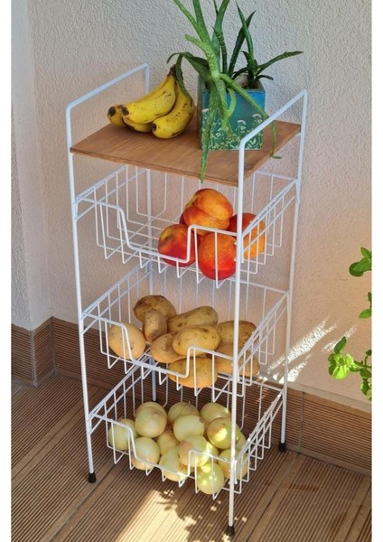Ahşap Metal Çok Amaçlı 3 Katlı Standlı Patates Soğan Sepeti Ceviz Raflı - Beyaz - MRS-001 modelleri