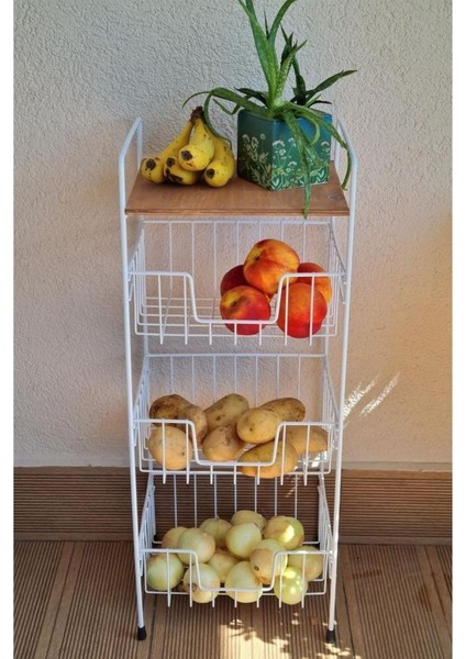 Ahşap Metal Çok Amaçlı 3 Katlı Standlı Patates Soğan Sepeti Ceviz Raflı - Beyaz - MRS-001 fırsatları
