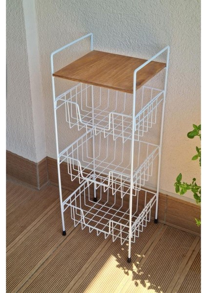 Ahşap Metal Çok Amaçlı 3 Katlı Standlı Patates Soğan Sepeti Ceviz Raflı - Beyaz - MRS-001 indirimleri