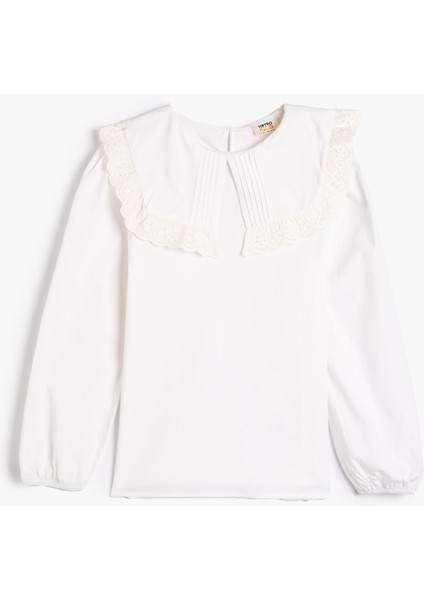 Okul Gömleği Düğmesiz Uzun Kollu Geniş Yaka Fırfır Detaylı Pamuklu