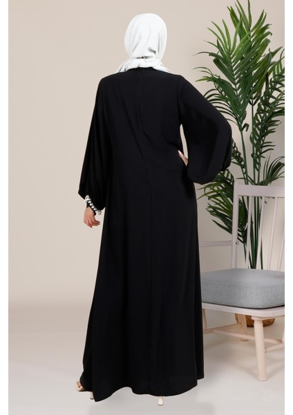 Kolları Pli ve Inci Detaylı Siyah Tesettür Elbise 5458 modelleri