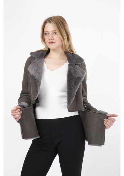 By Marki Marki kadın Krom Crop Detaylı Deri Mont