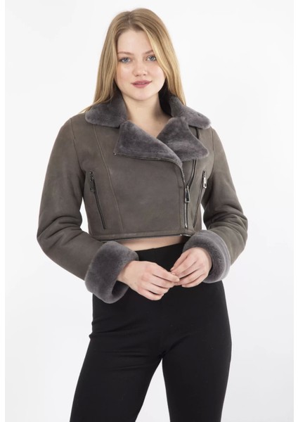 By Marki Marki kadın Krom Crop Detaylı Deri Mont