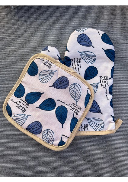 Fırın Eldiveni ve Tencere Tutacağı Kalınlaştırılmış 2'li Set Mavi Yapraklı