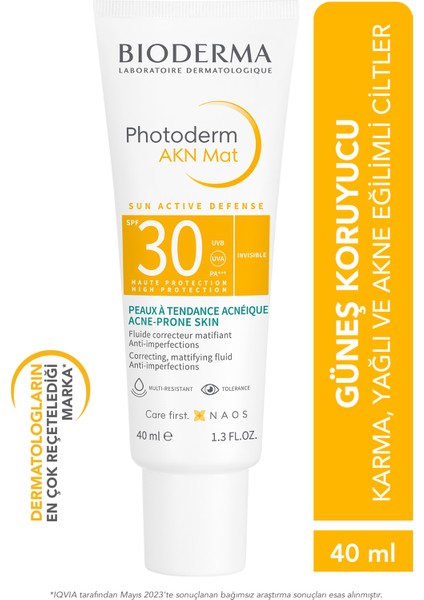 Photoderm AKN Mat SPF30 Akne Eğilimli, Karma ve Yağlı Ciltler için Salisilik ve Glikolik Asit İçeren Sivilce Karşıtı Matlaştırıcı Etkili Güneş Kremi 40 ml