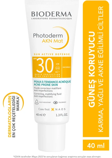 Photoderm AKN Mat SPF30 Akne Eğilimli, Karma ve Yağlı Ciltler için Salisilik ve Glikolik Asit İçeren Sivilce Karşıtı Matlaştırıcı Etkili Güneş Kremi 40 ml