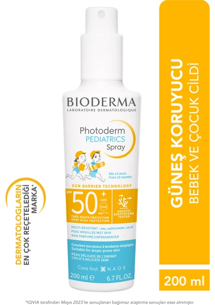 Photoderm Pediatrics Spray SPF50+ Bebek ve Çocuklar için Çok Yüksek Koruma Sağlayan, Suya ve Kuma Dayanıklı Sprey Formda Güneş Kremi 1 Yaş ve Üzeri, Parfümsüz 200 ml