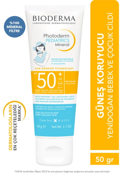 Photoderm Pediatrics Mineral SPF50+ Yenidoğan Bebek ve Çocuklar için Çok Yüksek Koruma Sağlayan, Suya ve Kuma Dayanıklı Parfümsüz Güneş Kremi 50 gr