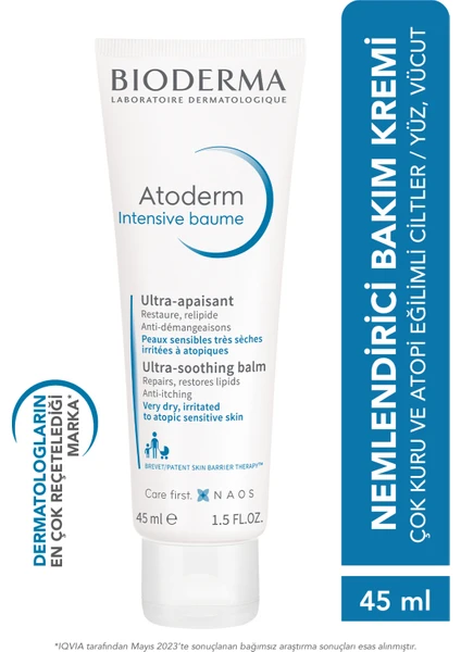 Atoderm Intensive Balm Çok Kuru ve Atopi Eğilimli Ciltler için Nemlendirici ve Onarıcı Bakım Kremi Bebek, Çocuk ve Yetişkin Kullanımına Uygun Seyahat Boy 45 ml