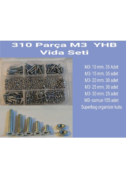 M3 Yhb Vida Somun SETI-310 Adet-Metrik 3mm-Boy 10-15-20-25-30 mm Organizer Kutulu