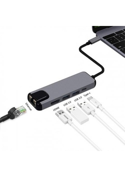 5in1 Type C Dönüştürücü Type C To RJ45 Hdmi USB Dönüştürücü Type C Görüntü Aktarım Ethernet Kiti