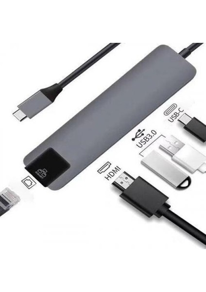 5in1 Type C Dönüştürücü Type C To RJ45 Hdmi USB Dönüştürücü Type C Görüntü Aktarım Ethernet Kiti