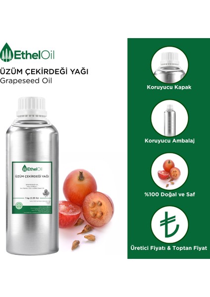 Üzüm Çekirdeği Sabit Yağı - Etheloil – 1 kg - %100 Saf ve Sabit Yağ – Üretici Firma, Yüksek Kalite, Toptan Satış - Grapeseed Oil- Vitis Vinifera L.