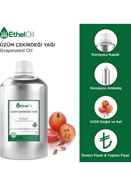 Üzüm Çekirdeği Sabit Yağı - Etheloil – 5 kg - %100 Saf ve Sabit Yağ – Üretici Firma, Yüksek Kalite, Toptan Satış - Grapeseed Oil- Vitis Vinifera L. fiyatları