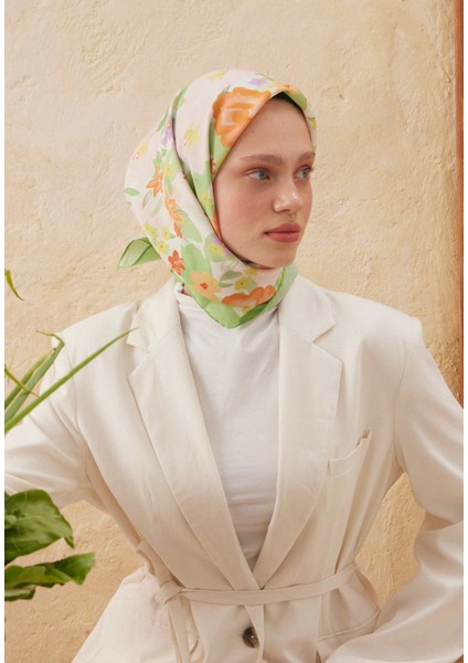 Sprıng Rose Desen Pamuk Ipek Eşarp Yeşil