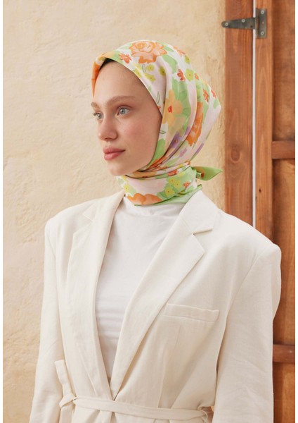Sprıng Rose Desen Pamuk Ipek Eşarp Yeşil