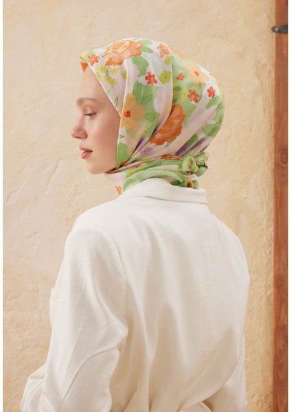 Sprıng Rose Desen Pamuk Ipek Eşarp Yeşil
